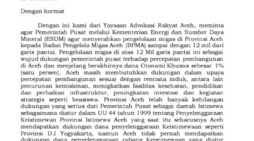Surati Menteri ESDM, YARA Minta Pemerintah Pusat Berikan Hak kelola Migas Diatas 12 Mil Untuk Aceh